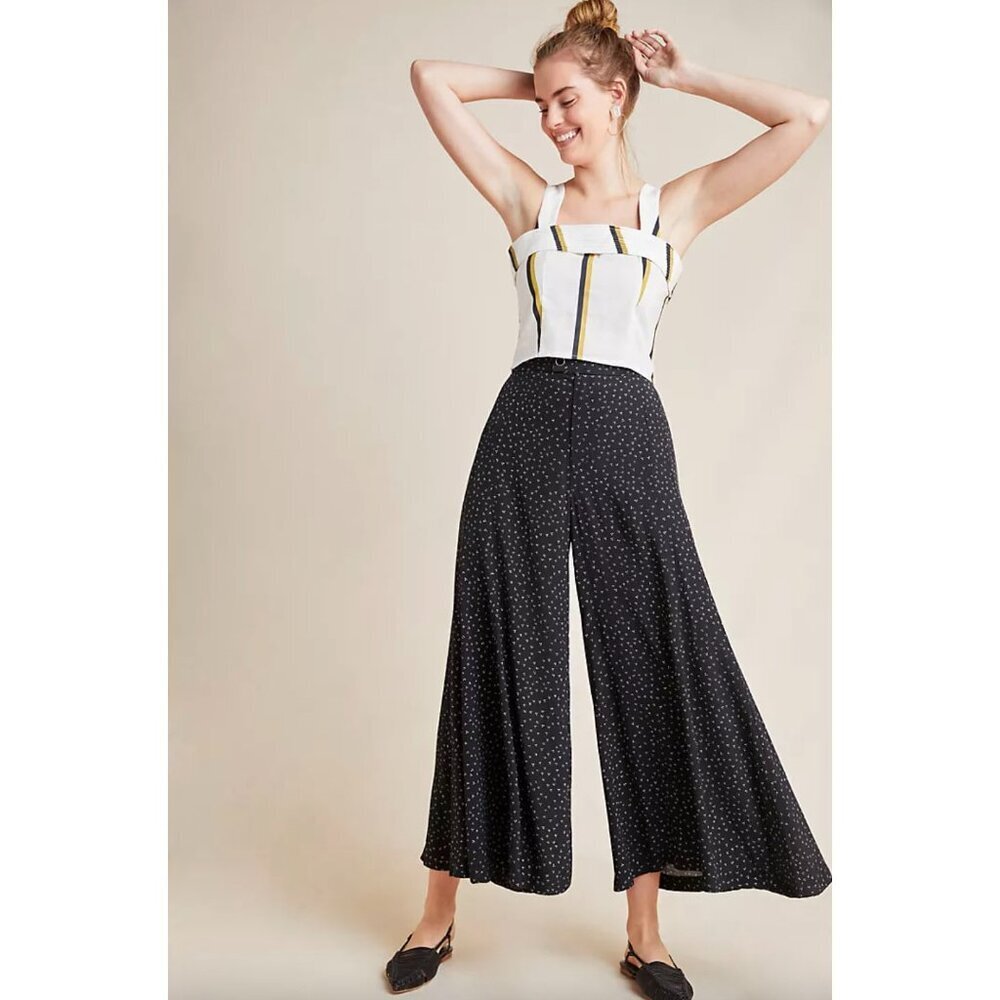 Anthropologie Black White Dots Print Skirted Wide Leg Palazzo Pants Trousers